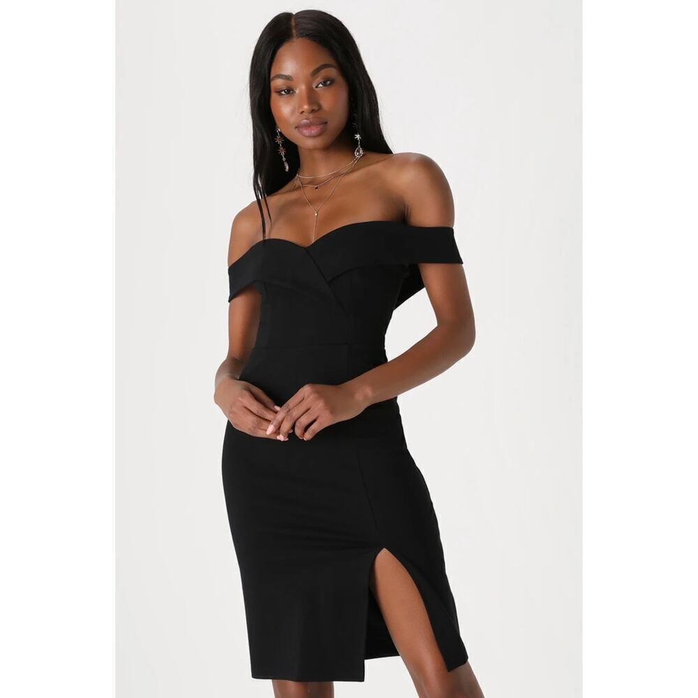 Lulus Classic Glam Black Off-the-Shoulder Bodycon Midi Dress Size Small